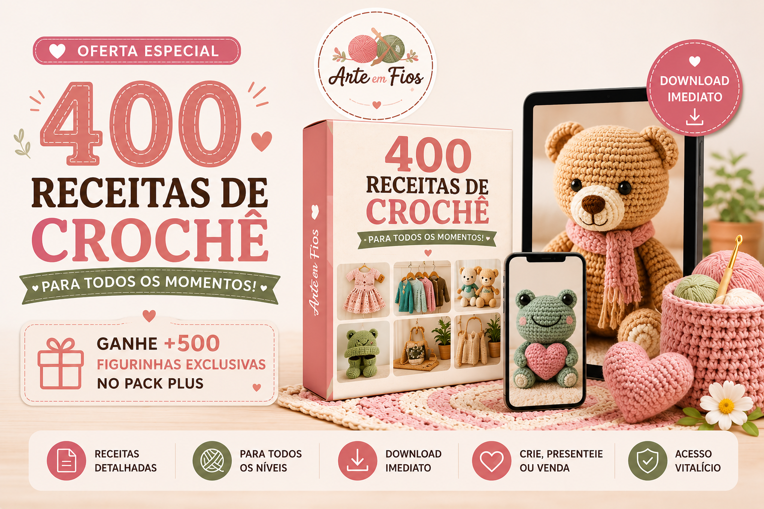 Mockup do Mundo Amigurumis Premium: livros e apostilas com mais de 400 receitas de crochê